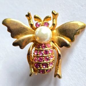 Vintage Bee Brooch Bumble Pink Rhinestones Faux Pearl Gold Tone bug